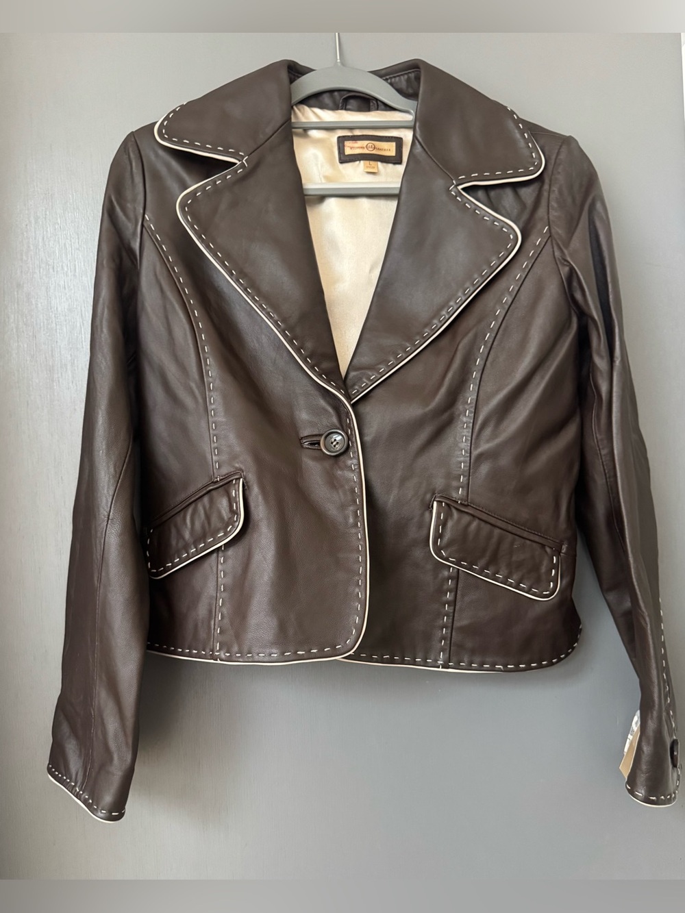 Wilsons Leather Dark Brown Leather Blazer Jacket with White Topstitch